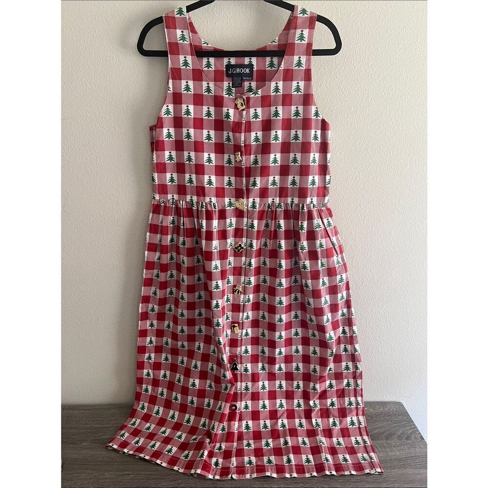 Vintage J.G. Hook Christmas Tree Gingham Midi Dress Holiday Cottagecore 90s